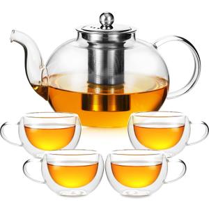 50OZ/1500ML Glass Teapot Set with 4 Double Wall Teacups & Removable Infuser, Stovetop & Microwave Safe Clear Tea Maker Water Kettle with 7OZ/200ML Tea Cups for Loose Leaf Blooming Tea