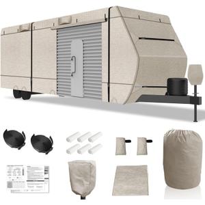 RV Cover 28 ft Travel Trailer Cover, Truck Camper Cover 26' to 28',7 Layers Camper Cover Windproof Waterproof Anti-uv Prevent with Adhesive Repair Patches Beige Heavy Duty