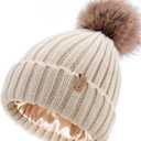 FURTALK Womens Winter Beanie Hat Satin Lined Faux Fur Pom Pom Beanies Hat for Women Winter Warm Knit Hats (One Size, Beige)