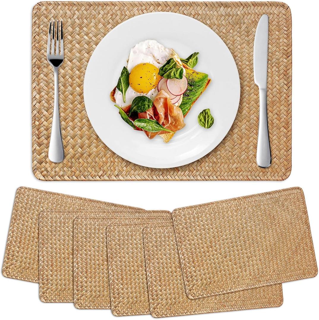 6 Pack Woven Placemats, Rectangular Rattan Place mats, Natural Seagrass Placemats, Farmhouse Wicker Table Mats for Dining Table