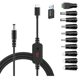 Universal PD Fast Charger, USB-C to DC 5V/9V/12V/15V/20V Multi-Voltage Adapter Cable with LED Display, 11 Connectors, for Phones, Laptops, Tablets, Led Light, Lamps, Cameras, Routers, 4ft