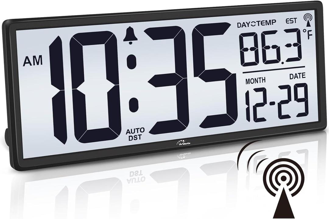 WallarGe 14.5'' Atomic Clock with Backlight, Large Digital Wall Clock Battery Operated, Large Display with Temperature and Date, Easy to Read and Set Digital Wall Clock, Auto DST