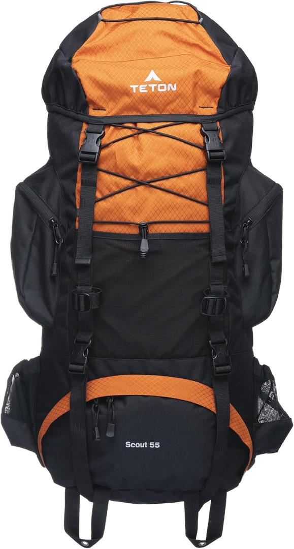 Teton 55L Scout Internal Frame Backpack for Hiking, Camping, Backpacking, Travel, Rain Cover Included, Burnt Orange