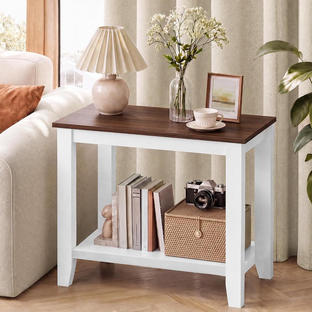 Hoctieon 2-Tier End Table for Living Room, Sturdy Wooden Side Table with 165 lbs Capacity, Compact Nightstand for Bedroom, Modern Sofa Table for Small Spaces, White+Walnut, 1 Pack