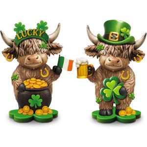 Thyle 2 Pcs St. Patrick's Day Shamrocks Highland Cow Figurines Irish Leprechaun Lucky Gnomes Scottish Resin Statue Calf Lovers Gifts for Home Garden Kitchen Office Tiered Tray Table Decor