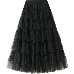 Dirholl Women's A-Line Fairy Patterned Elastic Waist Ruffle Tulle Layered Midi Skirt, Black 