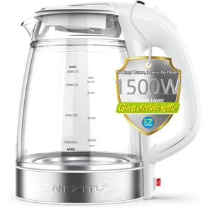 Glass & Stainless Steel Cordless Electric kettle for boiling water, Hot water boiler Electric Tea Kettle automatic shut off Boil-Dry Protection, PC Outer + Glass Inner, 1500W, 1.7L, WH