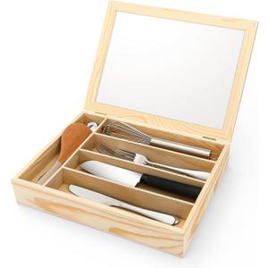 Baderke Silverware Storage Box with Lid Kitchen Drawer Organizer Utensil Organizer with Lid 5 Slots Wooden Silverware Storage Case Silverware Container Tray for Kitchen Cutlery Countertop