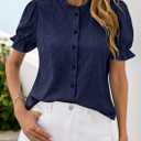 PRETTYGARDEN Womens Puff Short Sleeve Tops 2026 Summer Spring Button Down Boho Embroidered Cute Blouse Dressy Casual Shirts (Blue, L)