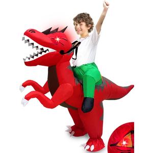 Camlinbo Kids Halloween Inflatable Costume, Dinosaur T-Rex Blow up Rider Costume with LED Eyes for Halloween Cosplay Party
