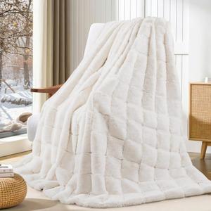 Touchat Faux Fur Throw Blanket, Luxury 1000GSM Ultra Thick Warm Rabbit Blanket for Couch Bed Sofa, 3D Checkered Pattern Soft Winter Heavy Minky Fluffy Blankets for Women Christmas Birthday Gift, White (Throw-50''*60'')