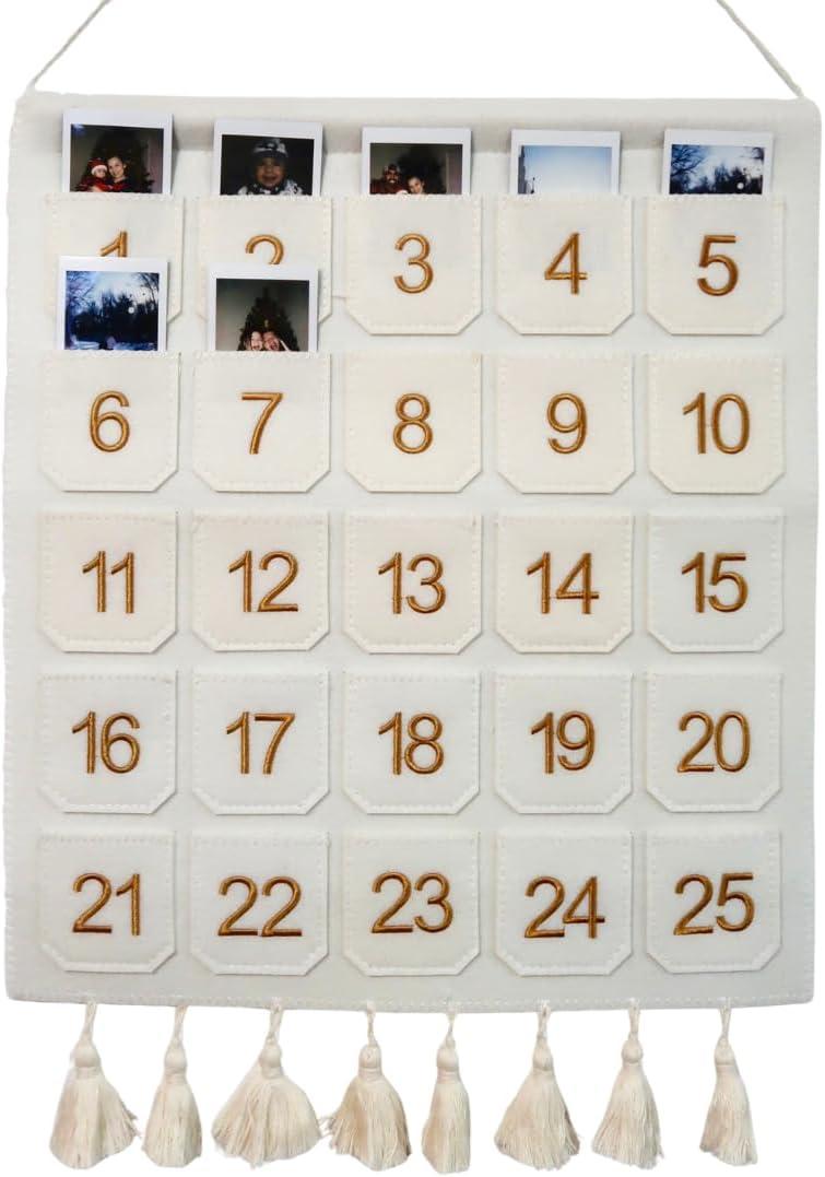 Photo Advent Calendar with Pockets, Christmas Calendar Countdown, Embroider Numbers Felt Photo Advent Calendar w/ 25 Small Pockets, Advent Calendars for Holiday Tradition (Gold)