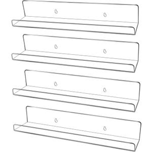 evron Acrylic Floating Shelves  4-Pack Clear Wall Shelf for Bathroom, Bedroom, or Kitchen  Easy Installation with Adhesive (No-Drill) or Screws (Drill Required)  13.8" Modern Rack (Clear 4 Pack)