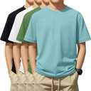 4 Pack Boys Short Sleeve T-Shirts 5-16 Years Crew Neck Layering Kids Casual Tops Basic Summer Loose Fit Shirts Tees (Blue Green, Matcha Green, White, Navy Blue)