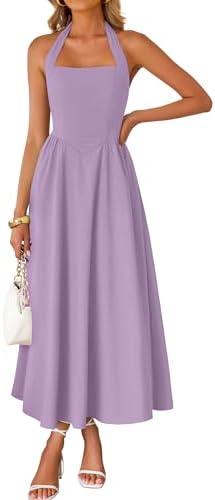 ZESICA Women's Summer Sleeveless Halter Midi Dress 2026 Off Shoulder High Waist Flowy Formal Wedding Guest Long Dresses Medium