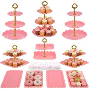 Pack of 10 NWK Cake Stand Set, with 3 x Two-Tier and 3 x Three-Tier Cupcake Stands, 4 x Appetizer Trays, 1 x Tablecloth for Birthday Bridal Baby Shower Party (Pink)