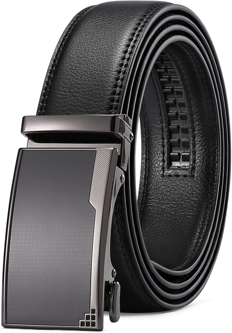 SENDEFN Men's Leather Belt Automatic Ratchet Buckle Slide Belt for Dress Casual Trim to Fit with Gift Box (Black)
