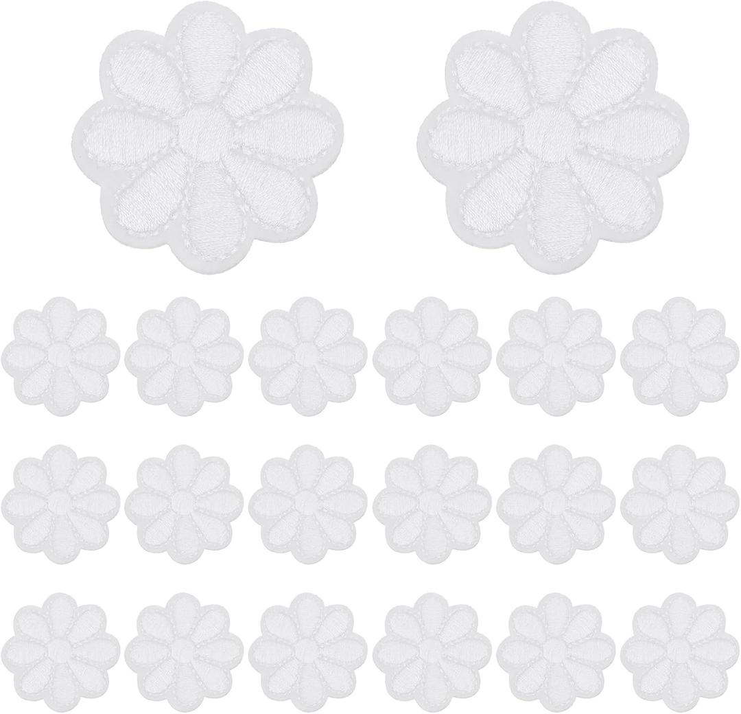 MECCANIXITY 20 Pcs Flower Iron-on Patches, 1.57 Inch Cute Flower Applique Patches Embroidered Sew on Patch for Clothing Jackets Backpack Shoes DIY Accessory Bags, White