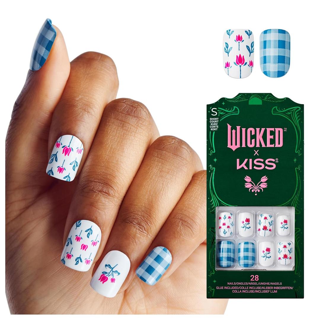 WICKED X KISS Press On Nails, Marvelous Munchkinland, Blue, Short Squoval, Waterproof, Chip Proof, Smudge Proof, 28 Fake Nails, Pink Gel Nail Glue (2g), Mini Nail File, & Manicure Stick