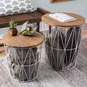 End Tables Set of 2 - Nesting Tables with Removable Wood Tops and Metal Basket Bases for Blanket Storage - Round Side Furniture for Living Room, Bedroom, or Home Office by Lavish Home (Brown/White)