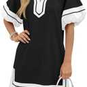 RGEWenrine Womens Summer Mini Dress Puff Sleeve Casual V Neck Color Block Side Slit Loose Shirt Dresses with Pockets L