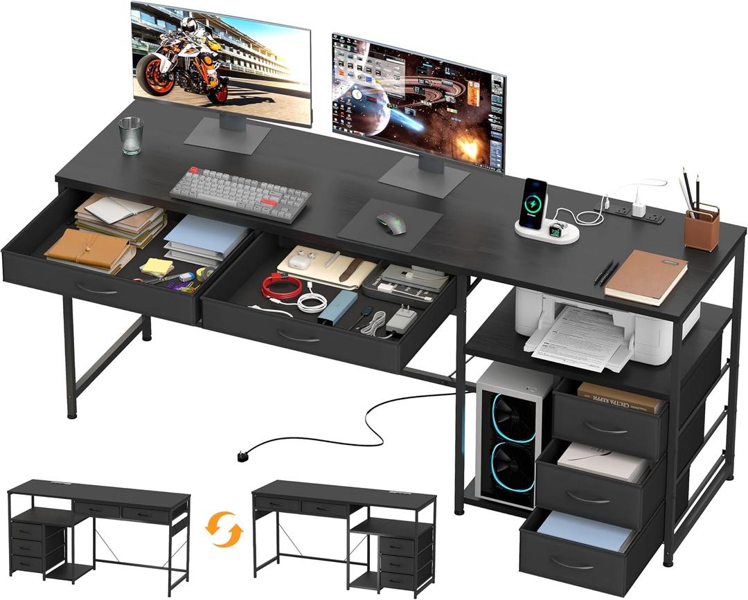 YOSHOOT 60" Computer Desk with 5 Fabric Drawers - Gaming Desk with Storage and Power Outlets, Home Office Desk for Adults and Teenagers Working Writing Study, Black, 18.9"D x 59.06"W x 30.71"H