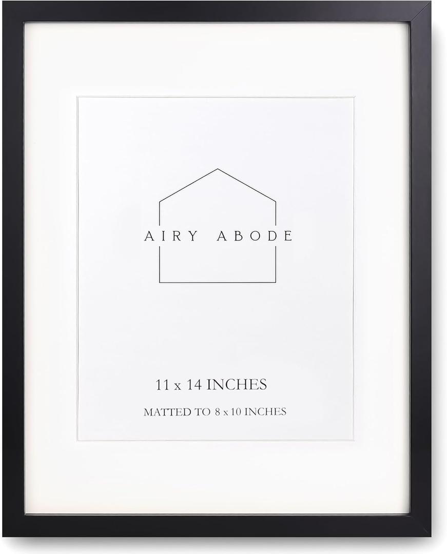 Airy Abode Premium Black Wood Picture Frame 11x14 Matted to 8x10 - Pick Your Size and Color