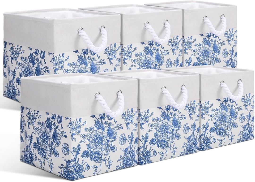 LemonRoad 6 Pcs Blue Floral Cube Storage Bins 13 Inch Square Storage Basket with Handle Preppy Girl Organizer Basket Collapsible Fabric Box for Classroom Bedroom Office Home Decoration Gift
