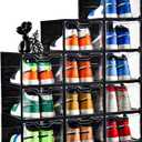 Stebopum 12 Pack Stackable Shoe Storage Organizer with Magnetic Door, Shoe Boxes Clear Black Plastic for Closet, Shoe Rack for Sneaker Boot Container, Shoe Cabinet Fit up to US Size 12