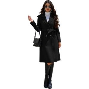 Wool Blend Wrap Coat Women's Superior 70% Wool Coat, Classy Long Wool Coat with Belt (Black), XL