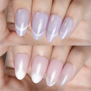 Cat Eye Press on Nails Short Almond - Light Purple & Nude Pink Shimmer Glossy French Tip Press on Nails for Gift, Soft Gel Press Stick on Nail with Nail Kit, Full Cover Reusable Acrylic Fake Nails Kit (60 Ounce (Pack of 1))