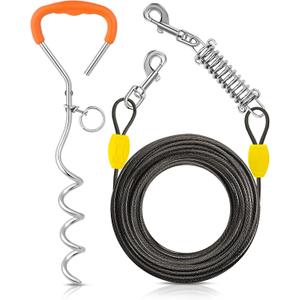 Petbobi Dog Tie-Out Cable and Stake - 50ft Heavy Duty Cable with Spring, No Tangle, 16in Ground Stake, Ideal for Yard, Camping and Beach, Suitable for Medium to Large Dogs Up to 120 lbs, Black