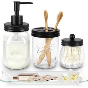 Jenseits Mason Jar Bathroom Accessories Set, 4PCS Farmhouse Bathroom Organizer Essentials of Soap Dispenser, Toothbrush Holder, Mason Jars(Qtip Holders), Soap Dish, Rustic Home/Country Decor Black