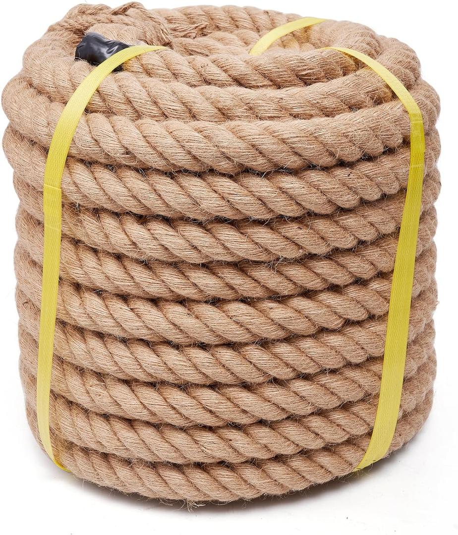 Jute Rope Heavy Duty 2 Inch 25 Feet, Natural Hemp Rope, Twisted Hemp Rope for Crafts, Gardening, Bundling, Climbing, Hammock, Nautical rope, Tug of War rope, Railings, Home Decorating (2 Inch 25 Feet)
