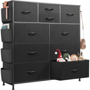 WLIVE Dresser for Bedroom with 10 Drawers, Fabric Dresser Chest of Drawers with Side Pockets and Hooks, Sturdy Metal Frame, Drawers Organizer Unit for Living Room, Hallway, Black