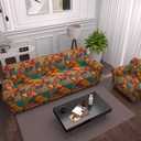 Stretch Couch Covers for 4 Separate Cushion Couch Sofa-Floral Printed Couch Sofa Cover,Washable Sofa Slipcover,Pet Friendly Furniture Protector with Elastic Bottom,Universal Fit for Home(Couch,Cover) (X-Large, Block Pattern+orange)