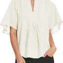 2 x LOZ Womens Dressy Casual Summer Tops Ruffle Short Sleeve Shirts Pleated Crew Neck Workout Blouses 2025 (Small, Off-white)