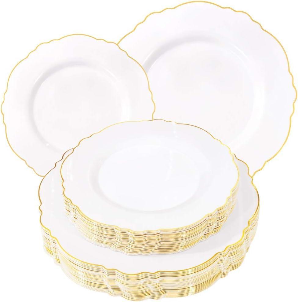 WDF 60pcs White and Gold Plastic Plates - Baroque White With Gold of 30 Heavy Duty Gold dinner plates 10.25inch, 30 Salad Plates 7.5inch Perfect for Weddings/Party/Father's Day