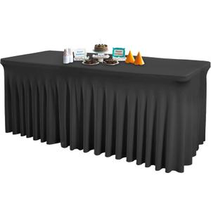 1 Pack Black Table Clothes for 6 Foot Rectangle Tables, Wrinkle Resistant Stretch Spandex Table Covers Fitted Tablecloth with Skirt for Event Banquet Wedding Birthday Party