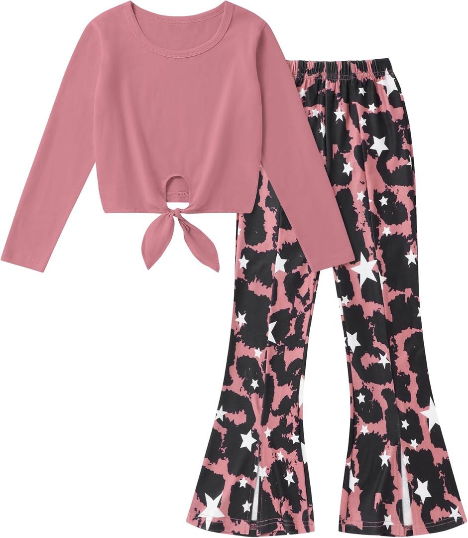 Girl Clothes Solid Knot Front Long Sleeve Pure T-Shirt Tops Split Flare Pants 2Pcs Toddler Girl Outfit (9-10 Years)