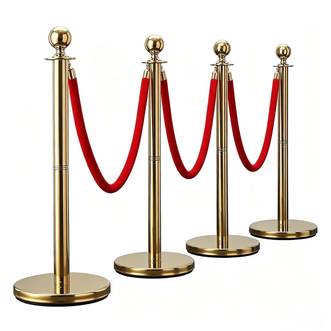 BeBecome Stanchions and Velvet Ropes, Gold Stanchions with 5 ft Red Velvet Rope, 4 Pack Crowd Control Barriers, Fillable Bases, Red Carpet Poles for Weddings