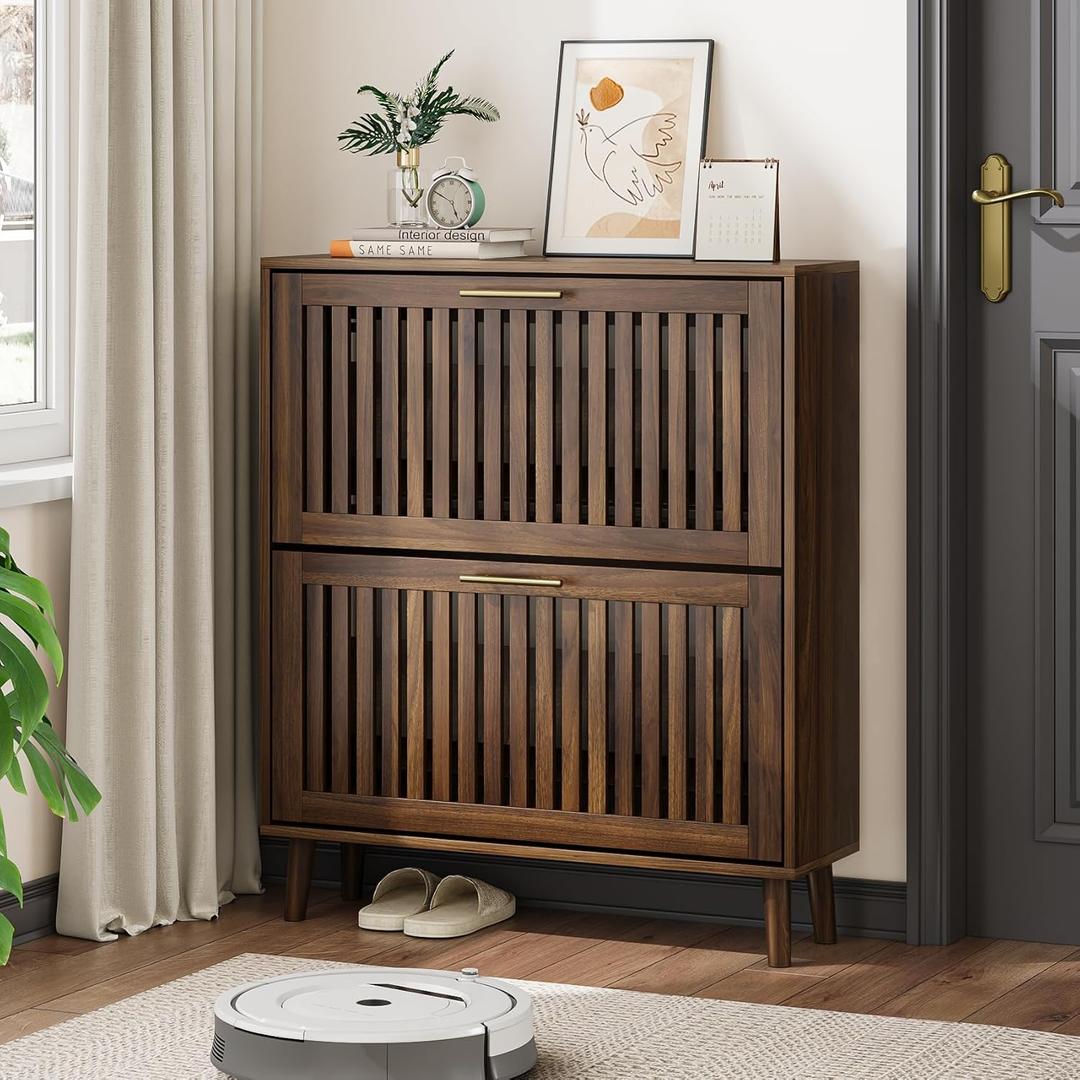 Shoe Cabinet, Shoe Storage Cabinet with Louvered 2 Flip Drawers, Narrow Shoe Cabinet Storage for Entryway, Freestanding Shoe Organizer Cabinet with Golden Handles, Slim Shoe Rack Cabinet (Walnut) (Width - 31.5 inches)