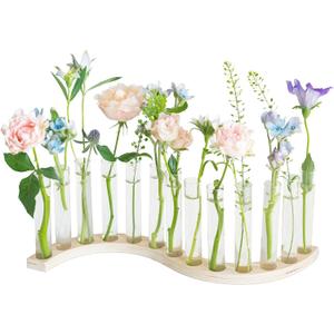Test Tube Vases for Flowers，Small Plant Propagation Station，S Shape Plant Terrarium with Wooden Stand(Light Wood)