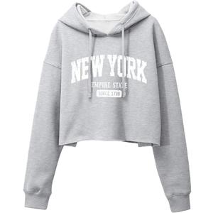 ORANDESIGNE Woman Letter Graphic Print Cropped Hoodie Long Sleeve Crop Fleece Casual Workout Loose Pullover Sweatshirt Tops (Medium, A New York Grey)