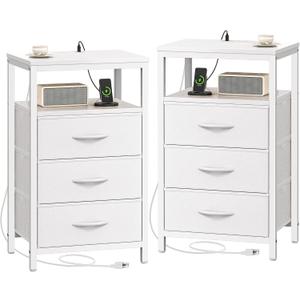 Huuger Nightstands Set of 2, 27.6 Inch End Tables with Charging Station, Bedside Tables with Drawers, PU Leather Finish, USB Port and Outlet, Night Stands for Bedroom, White