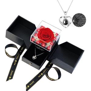 Preserved Real Red Rose with Matching Red LED Light & 100 Languages Necklace - Eternal Mother's Day Birthday Gifts for Women Mom Wife Grandma - Romantic Anniversary Present in Elegant Gift Box