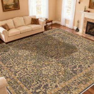 Extra Large 10x14 Area Rug for Living Room, Washable Rugs for Dining Room, Bedroom, Non Slip Stain Resistant Carpet, Low Pile Vintage Floral Rug (Goldenrod)