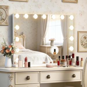 Ratsamee Hollywood Vanity Mirror with Lights, 23" x 18", 15 Dimmable Bulbs, 3 Color Lights, Make Up Lighted Mirror, USB Charging Port, Gifts for Women Wife Teengirls White