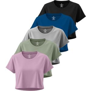 Real Essentials 5 Pack: Women's Dry Fit Crop Top - Short Sleeve Crew Neck Stretch Athletic Tee (Large)