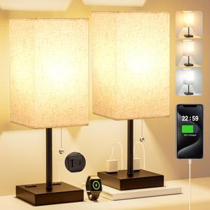 Table Lamps for Bedroom Set of 2 Nightstand - 17.4In Tall, 3 Color Bedside Lamps with AC Outlets and USB A & C for Charging, Square Night Stand light Lamp, End Table Lamp for Living Room/Dorm/Office (Cream)